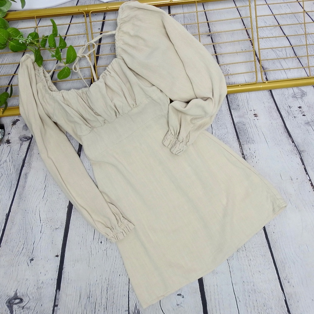 Forever 21 Women's Dress Linen Long Sleeve Open Back Tan Size S